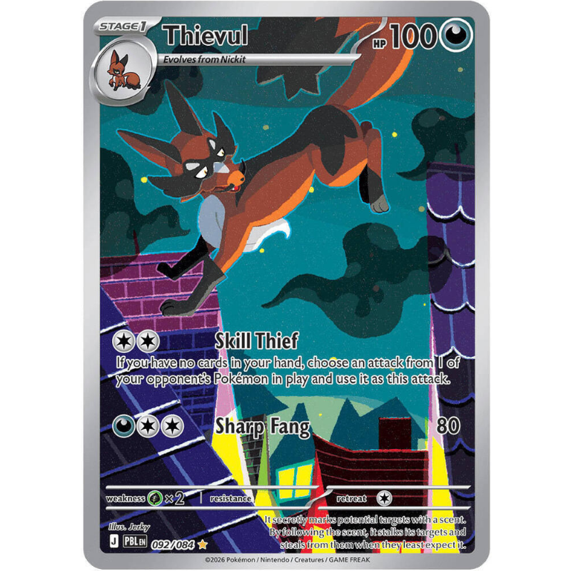 A Pokémon trading card featuring the character Thieful, a black and orange fox-like Pokémon, shown in a nighttime urban scene with purple buildings and dark clouds. The card has a gray border and includes Pokémon branding and game text.