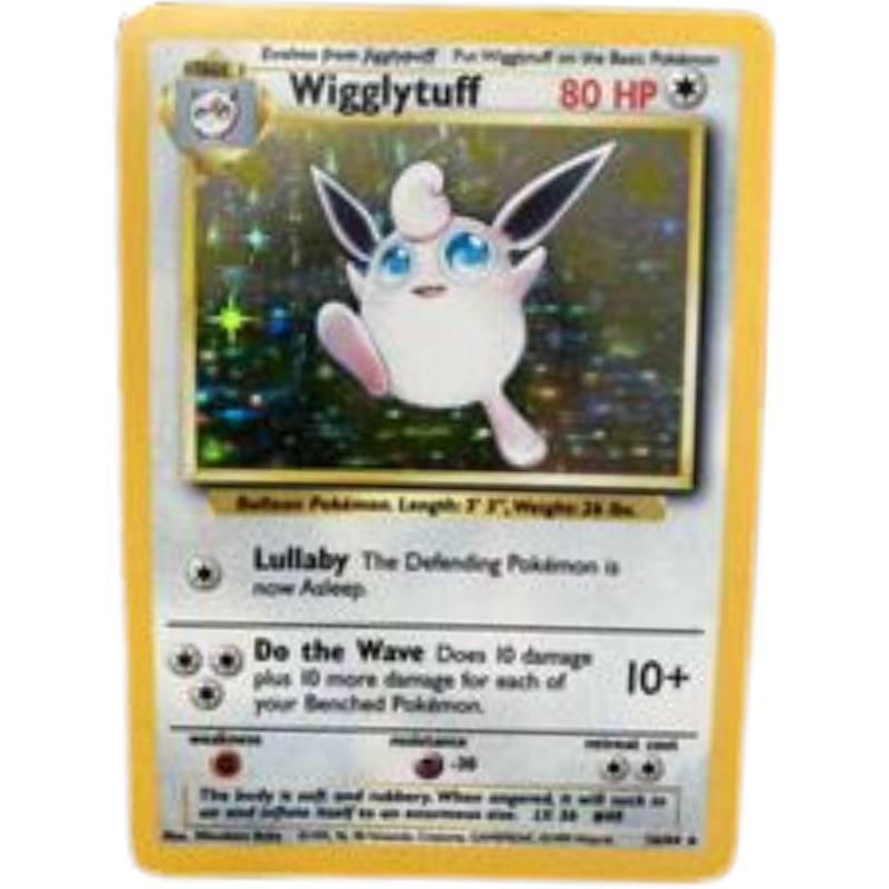 A holographic Pokémon trading card of Wigglytuff, featuring a gold border and a shimmering, reflective surface with a white and pink character illustration.