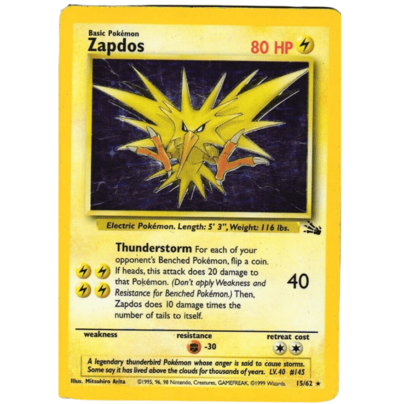 A vintage Pokémon trading card featuring Zapdos from the Basic set, with a yellow border and a central illustration of the electric bird on a dark background.