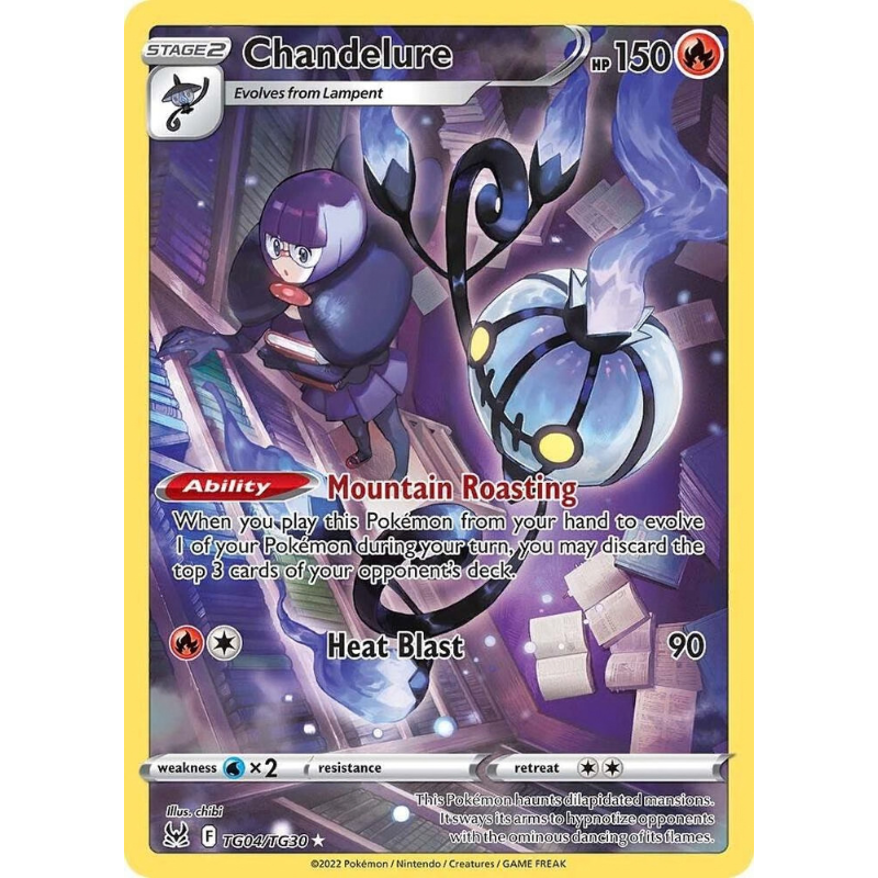 Pokémon trading card featuring Chandelure with detailed artwork and text.