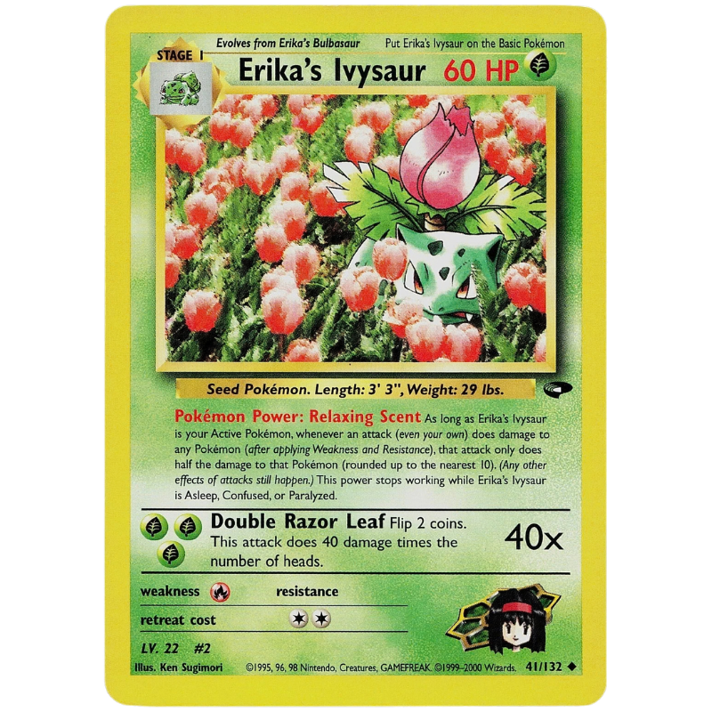 Erika's Ivysaur Pokémon trading card with green border and Ivysaur illustration.