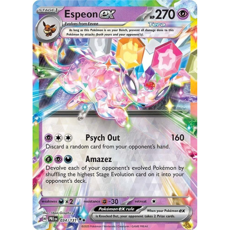 Pokémon trading card featuring Espeon EX with colorful design and text.