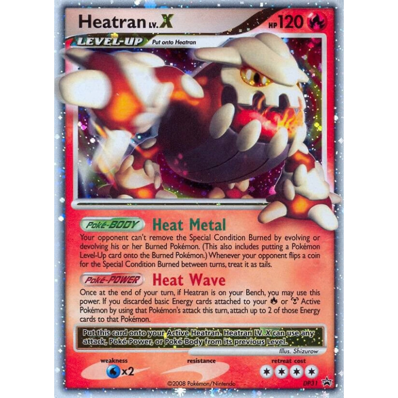 Pokémon trading card featuring Heatran lv.X with detailed artwork and text.