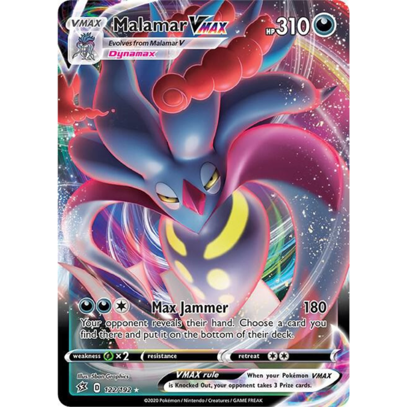 Pokémon trading card featuring Malamar VMAX with colorful design and text.