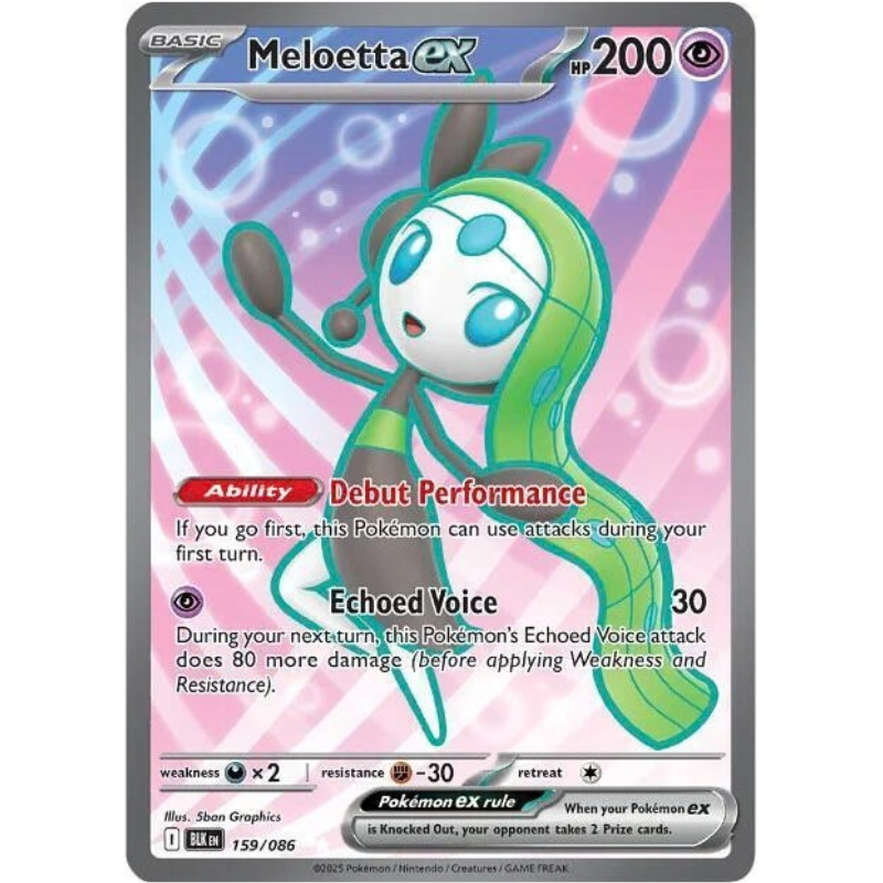 Pokémon trading card featuring Meloetta EX with a pink and purple gradient background