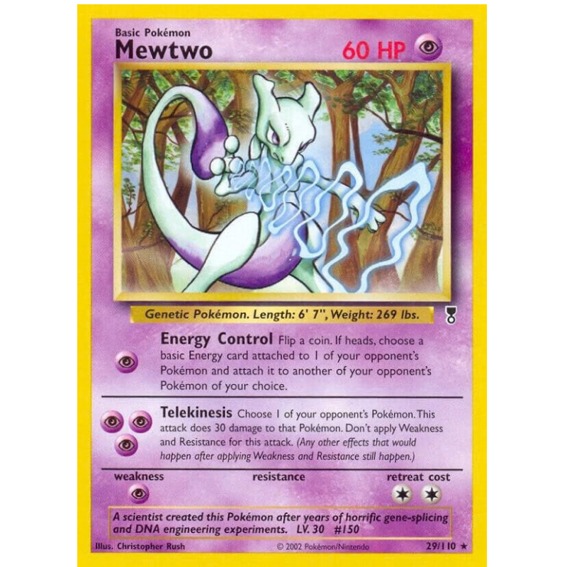 Pokémon trading card featuring Mewtwo with a purple border