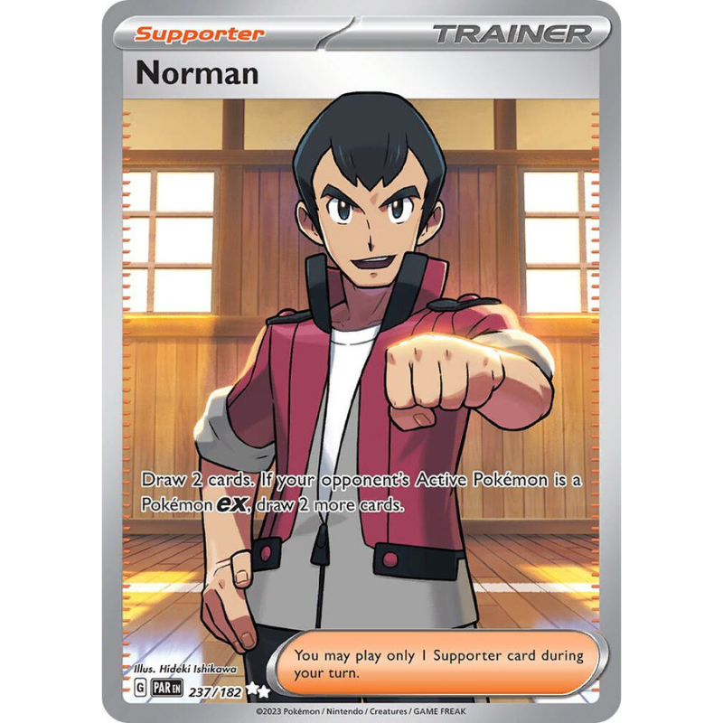 Pokémon trading card featuring a character named Norman with a wooden room background.