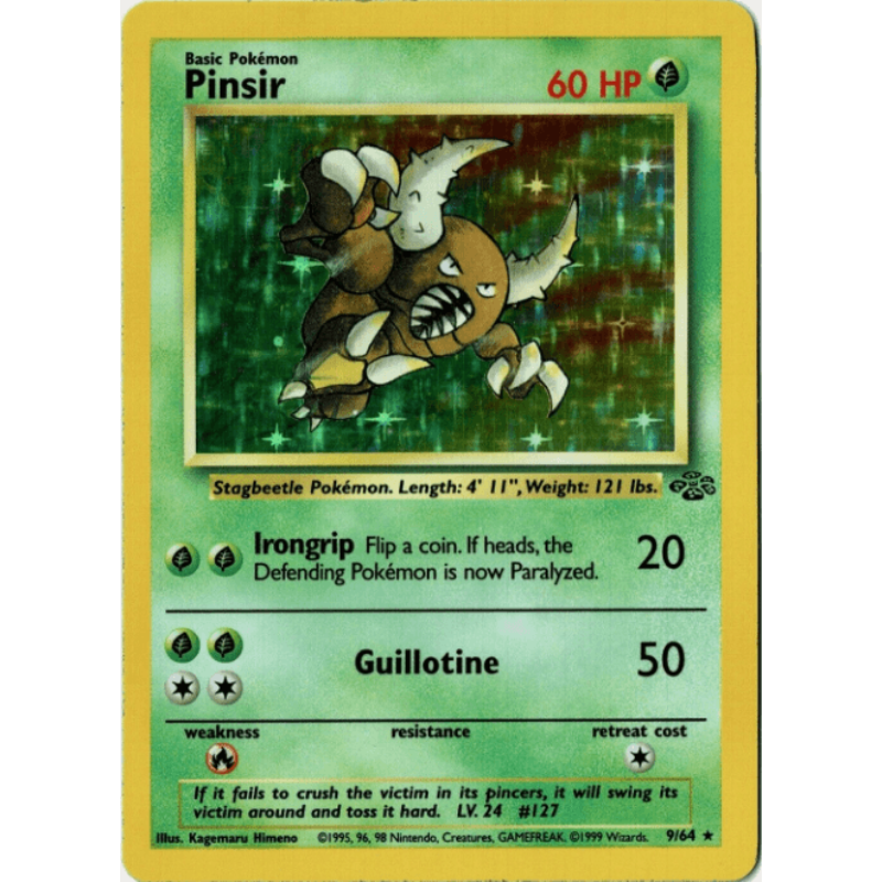 Pokémon trading card featuring Pinsir with green and yellow border