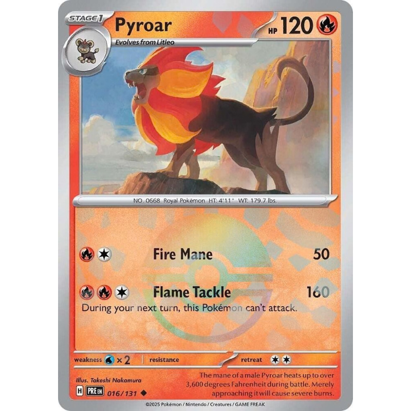 Pokémon trading card featuring Pyroar with fiery design elements.