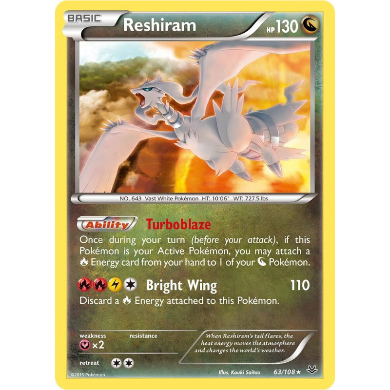 Pokémon trading card featuring Reshiram with detailed text and graphics.