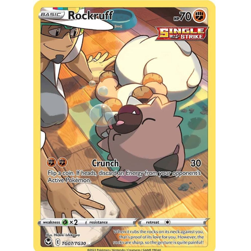 Pokémon trading card featuring Rockruff with a person in the background