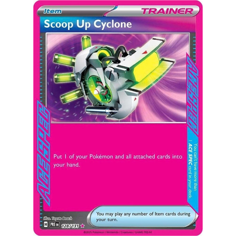 Pokémon trading card featuring 'Scoop Up Cyclone' with a pink border and Pokémon logo.