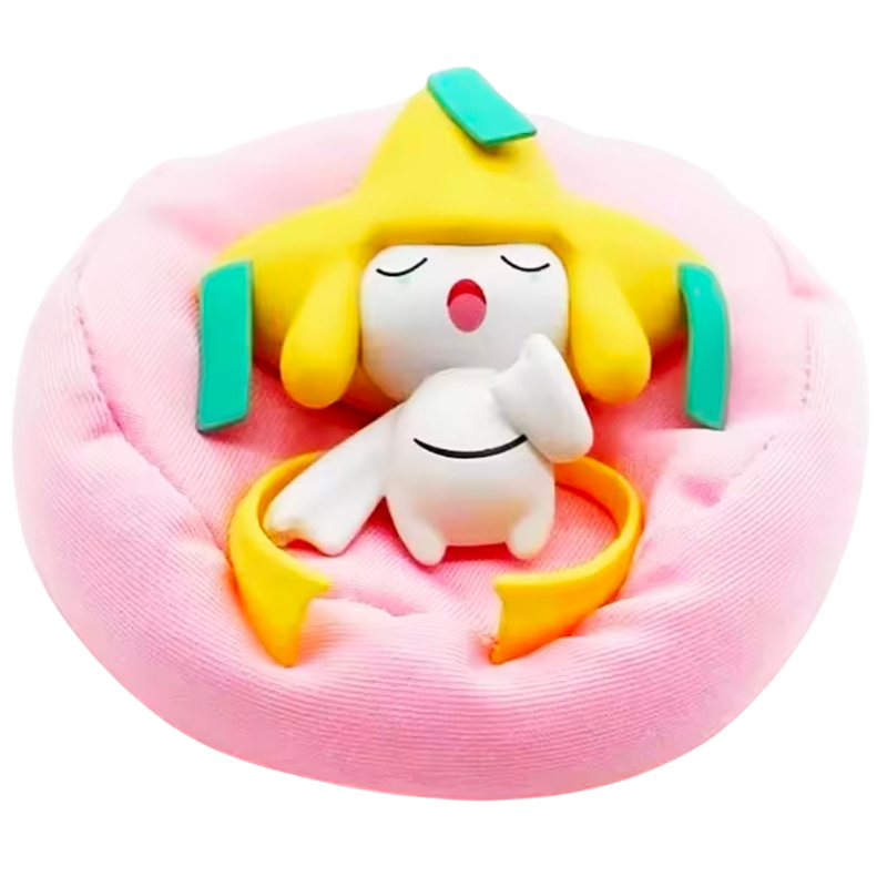 Colorful cartoon character with a dog on a pink cushion