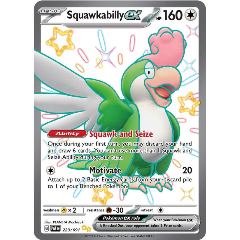 Pokémon trading card featuring Squawkabilly EX with colorful design elements.