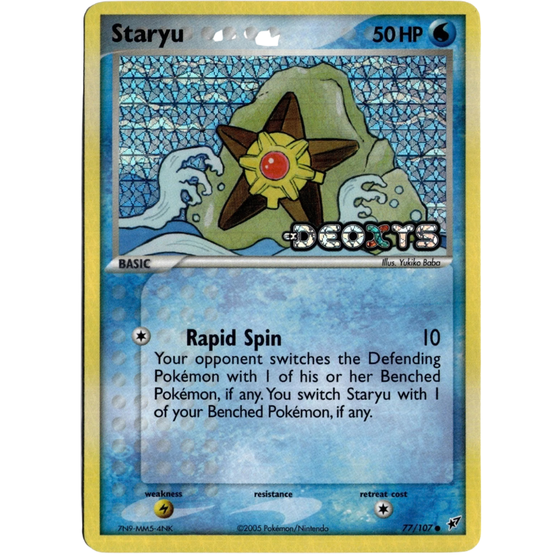 Staryu trading card with blue and yellow border, featuring a stylized illustration of a starfish.