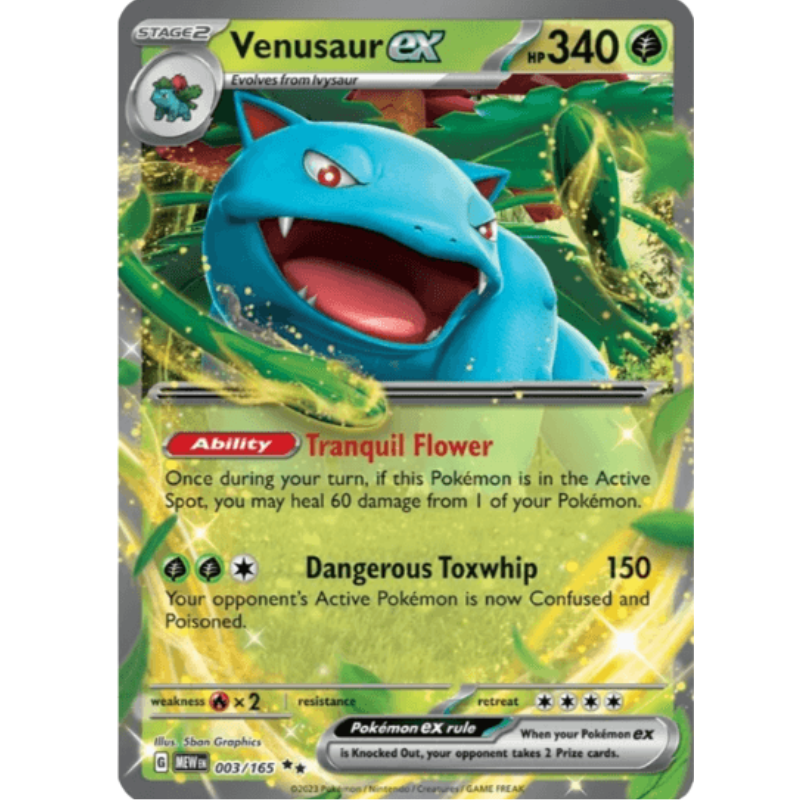Venusaur EX trading card with detailed artwork and text on a white background