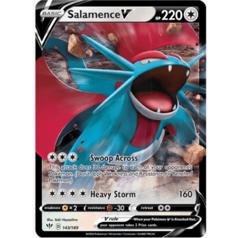 Pokémon trading card featuring Salamence V with a red and blue design.
