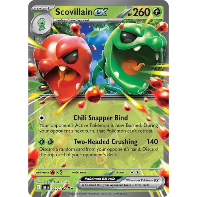 Pokémon trading card featuring Scovillain EX with red and green characters on a colorful background.