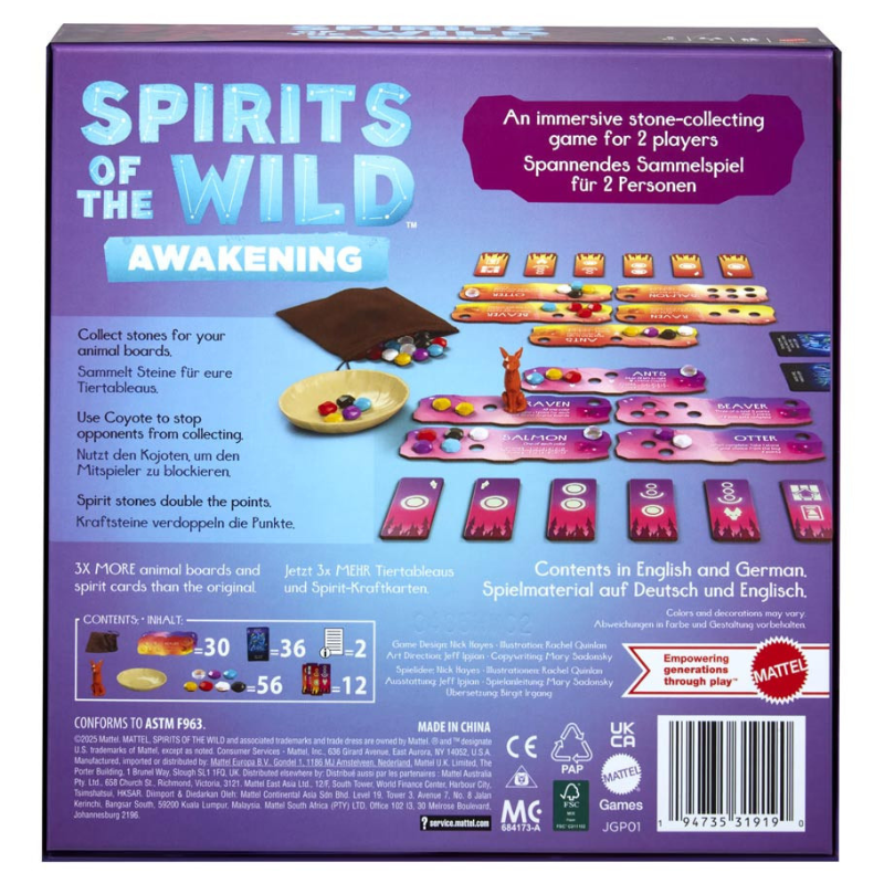 Board game box for 'Spirits of the Wild: Awakening' with colorful game pieces and text on a purple background.