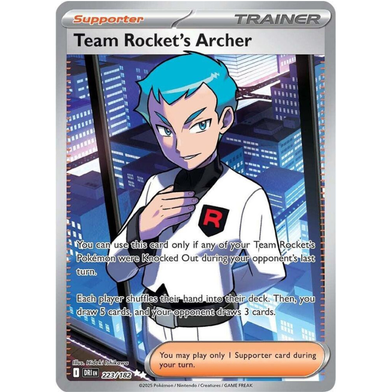 Pokémon trading card featuring Team Rocket's Archer with cityscape background