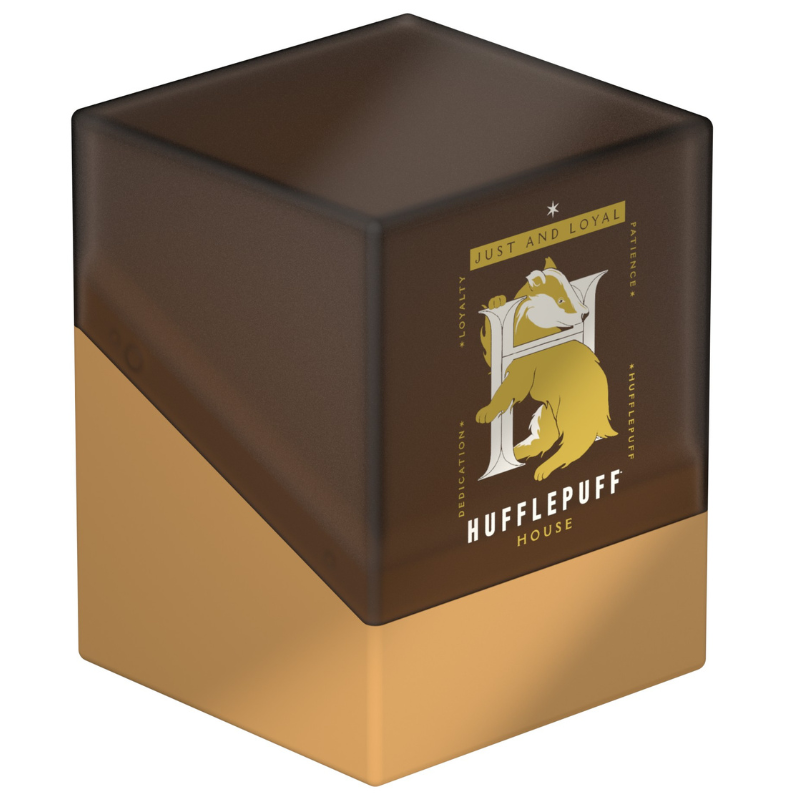 A square Hufflepuff House product box with a dark brown top half and a metallic gold bottom half, featuring the Hufflepuff bear logo and text on the front.