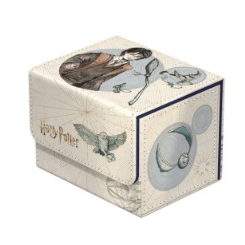A square decorative box featuring Harry Potter artwork, including the Hogwarts crest, owl, wand, and a portrait of Harry on the lid, with 'Harry Potter' text visible on the side.