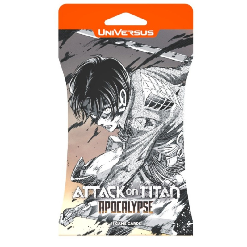 attack on titan apocalypse booster box UniVersus - Exclusive Isayama Art UniVersus CCG Attack on Titan Apocalypse booster features 180+ cards with 6 Chrome Rares showcasing exclusive art by creator Hajime Isayama Attack on Titan: Apocalypse Booster