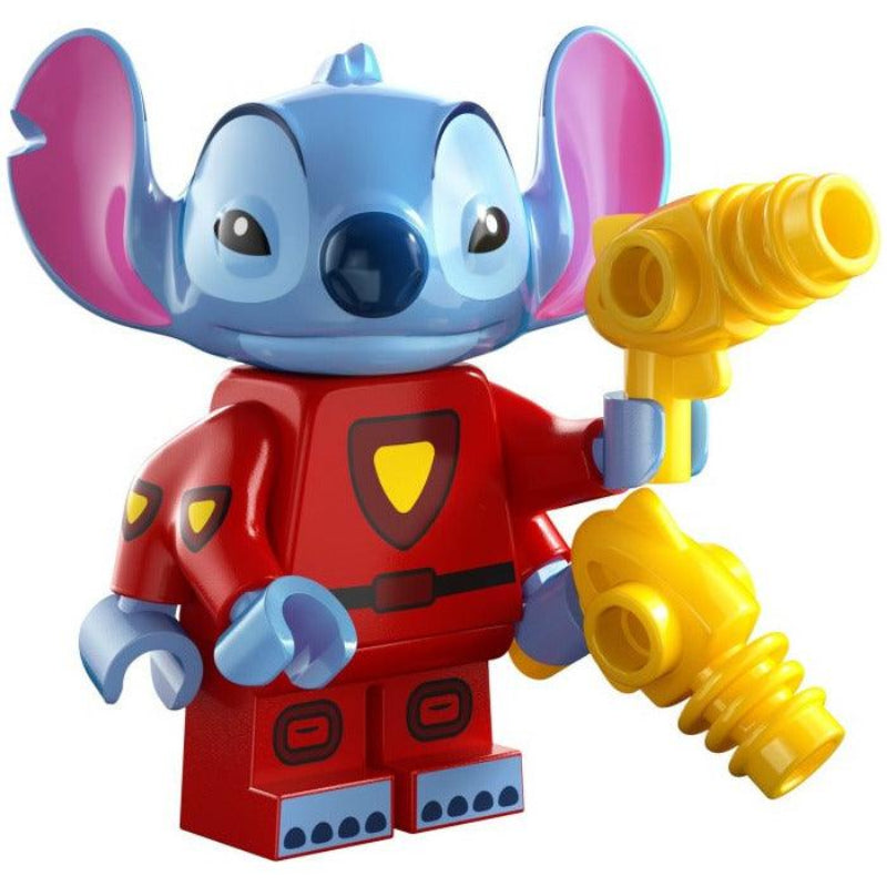 A LEGO toy depicting the character Stitch from Disney, holding a yellow tool and wearing a red and blue outfit with a black patch and yellow accents.