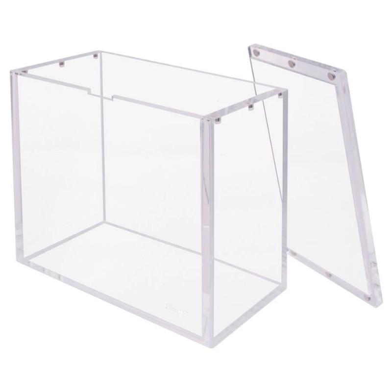 Clear acrylic display box with a hinged lid, shown on a plain white background.