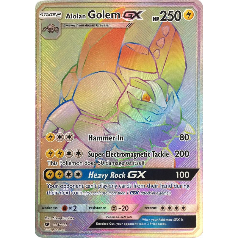 Pokémon trading card featuring Alolan Golem GX with colorful design and text.