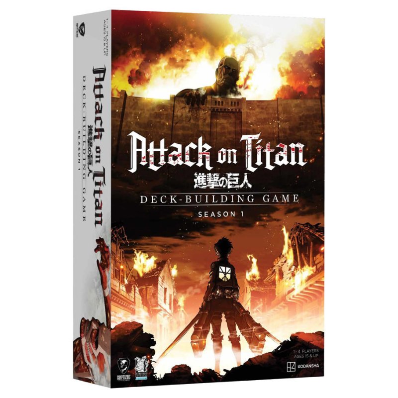 Attack on Titan deck-building game box with fiery background and character silhouette.