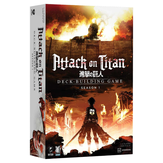 Attack on Titan deck-building game box with fiery background and character silhouette.