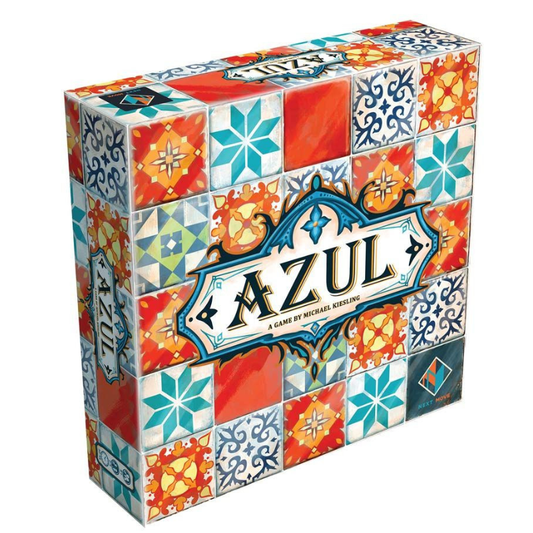 The board game box for 'Azul' by Michael Rezendin, featuring a vibrant, hand-painted tile pattern in shades of orange, red, teal, and blue. The title 'AZUL' is displayed in a decorative blue and gold banner on the front.
