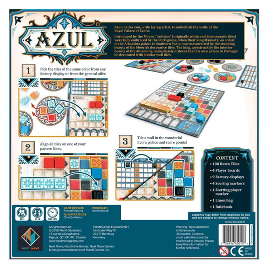 Back packaging of the board game Azul, showing product details, instructions, and contents on a cream and dark blue background.