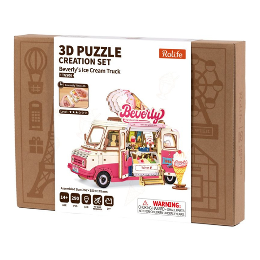 Rolife Beverly's Ice Cream Truck 3D wooden puzzle creation set in its original brown cardboard packaging with a white front label featuring an illustration of the completed puzzle truck.