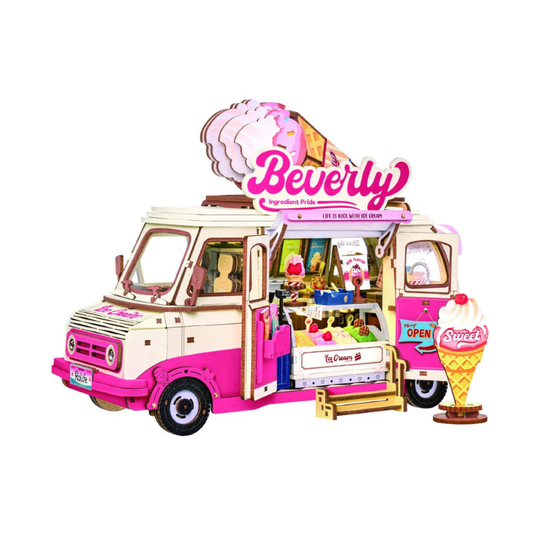 A pink and cream wooden model of an ice cream truck with 'Beverly' written on the sign, shown on a plain white background.