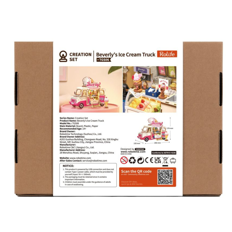 The product packaging box for the 'Beverly's Ice Cream Truck' Creation Set by Rolife, featuring a brown cardboard box with a detailed white instruction and information label on the front.