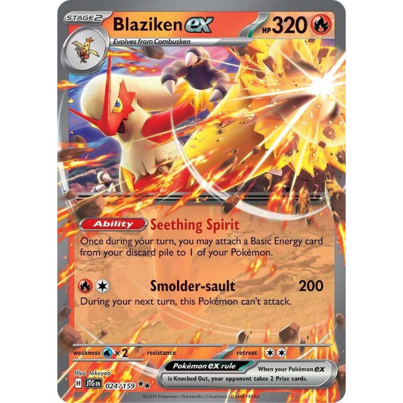 Pokémon trading card featuring Blaziken EX with fiery design and character illustration.