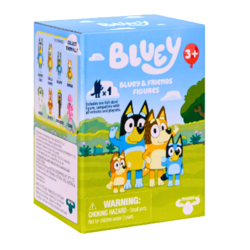 Box of Bluey and Friends figures with cartoon characters on a white background