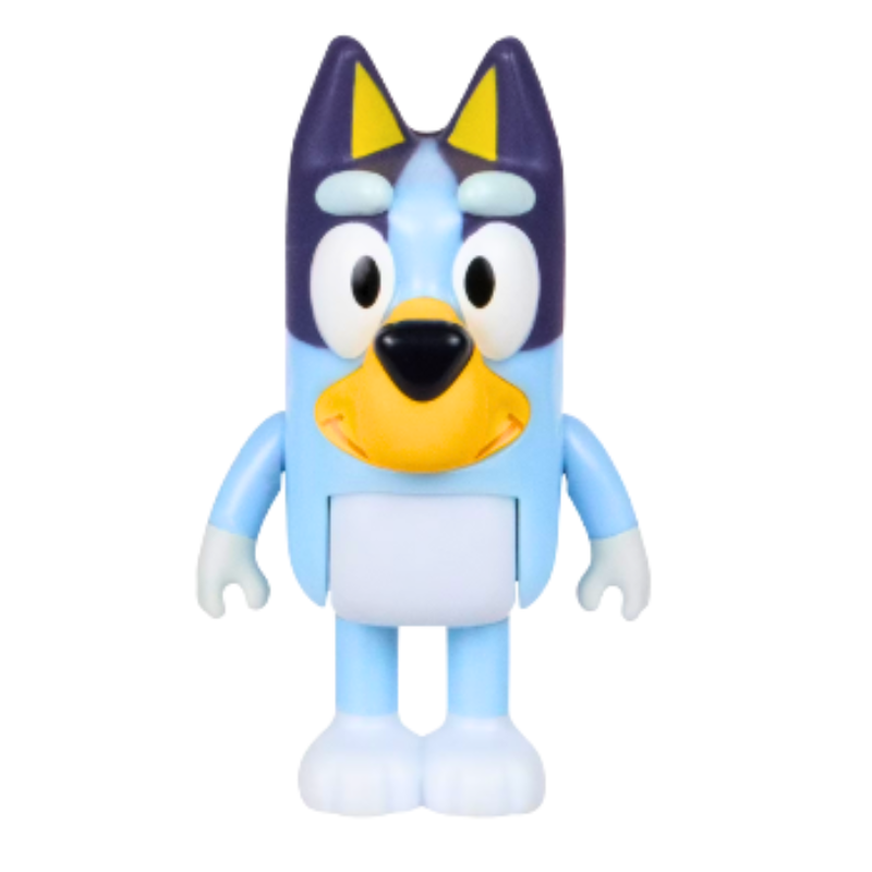 Toy figure of a blue character with purple ears on a white background