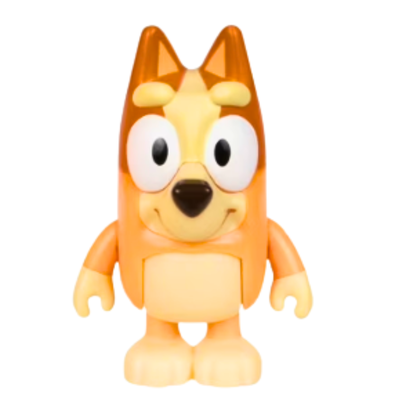 Toy figure of a cartoon character with orange and yellow colors on a white background