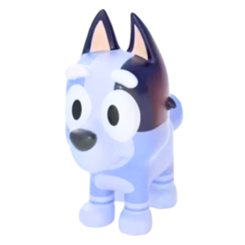 Cartoon dog figurine with blue and black coloring on a white background