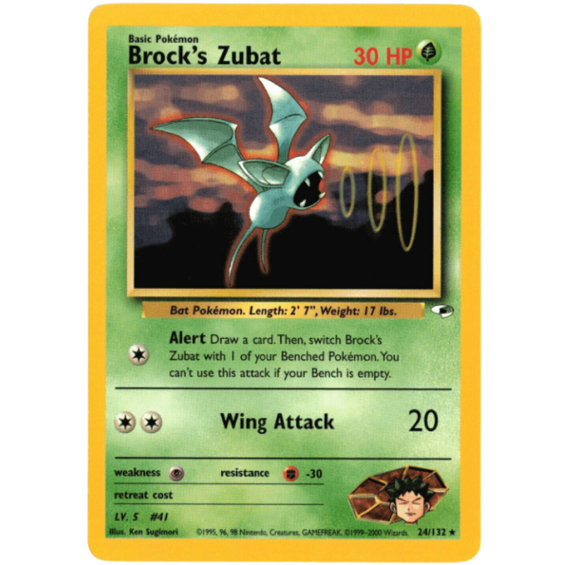Pokémon trading card featuring Brock's Zubat with sunset background