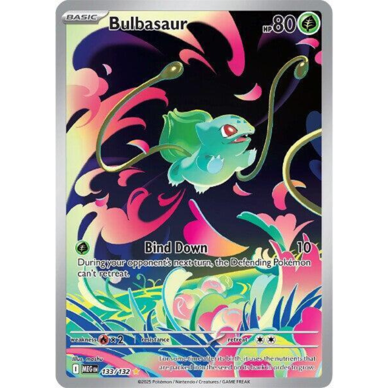 Pokémon trading card featuring Bulbasaur with colorful design