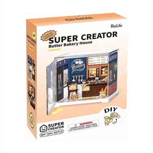 Rolife Super Creator DIY Butter Bakery House kit in its original packaging, featuring a 14-piece model set with a detailed illustration of the bakery interior on the box.
