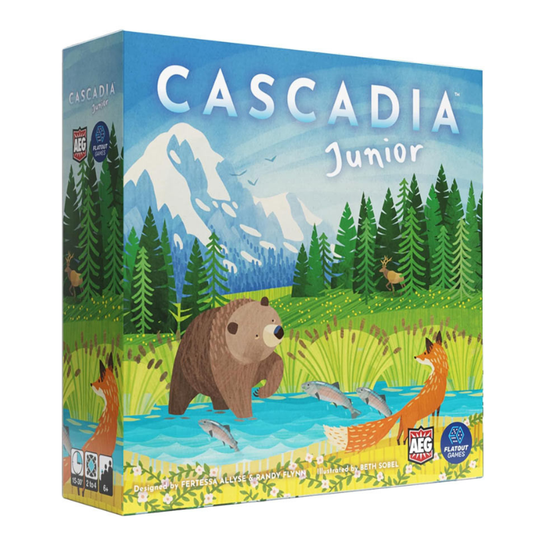 Cascadia Junior board game box featuring a colorful illustrated forest scene with a bear, fox, fish, trees, and mountains. The box shows the title 'CASCADIA Junior' prominently and includes age and player icons on the front and side.