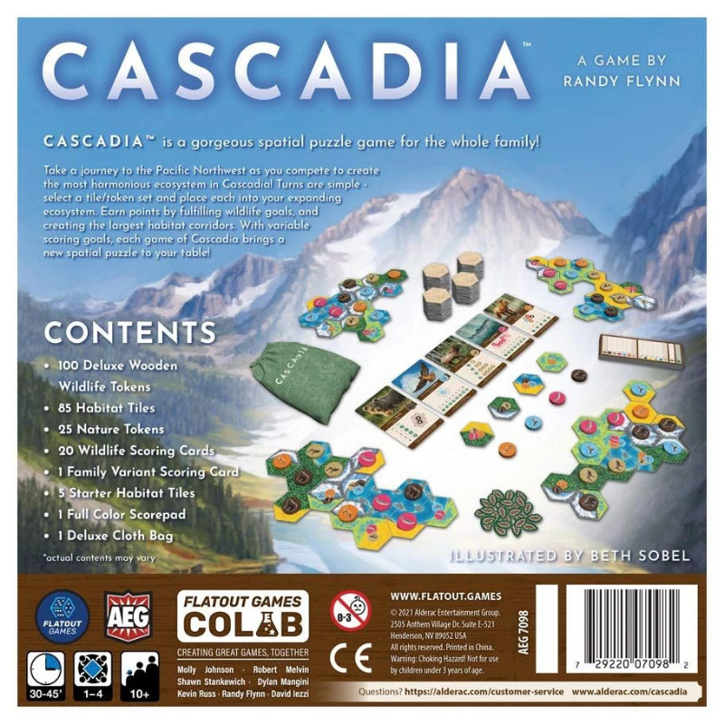 Board game packaging for 'Cascadia' with mountain and game components illustration.