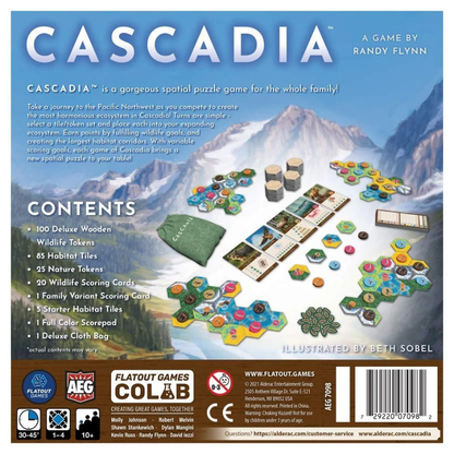 Board game packaging for 'Cascadia' with mountain and game components illustration.