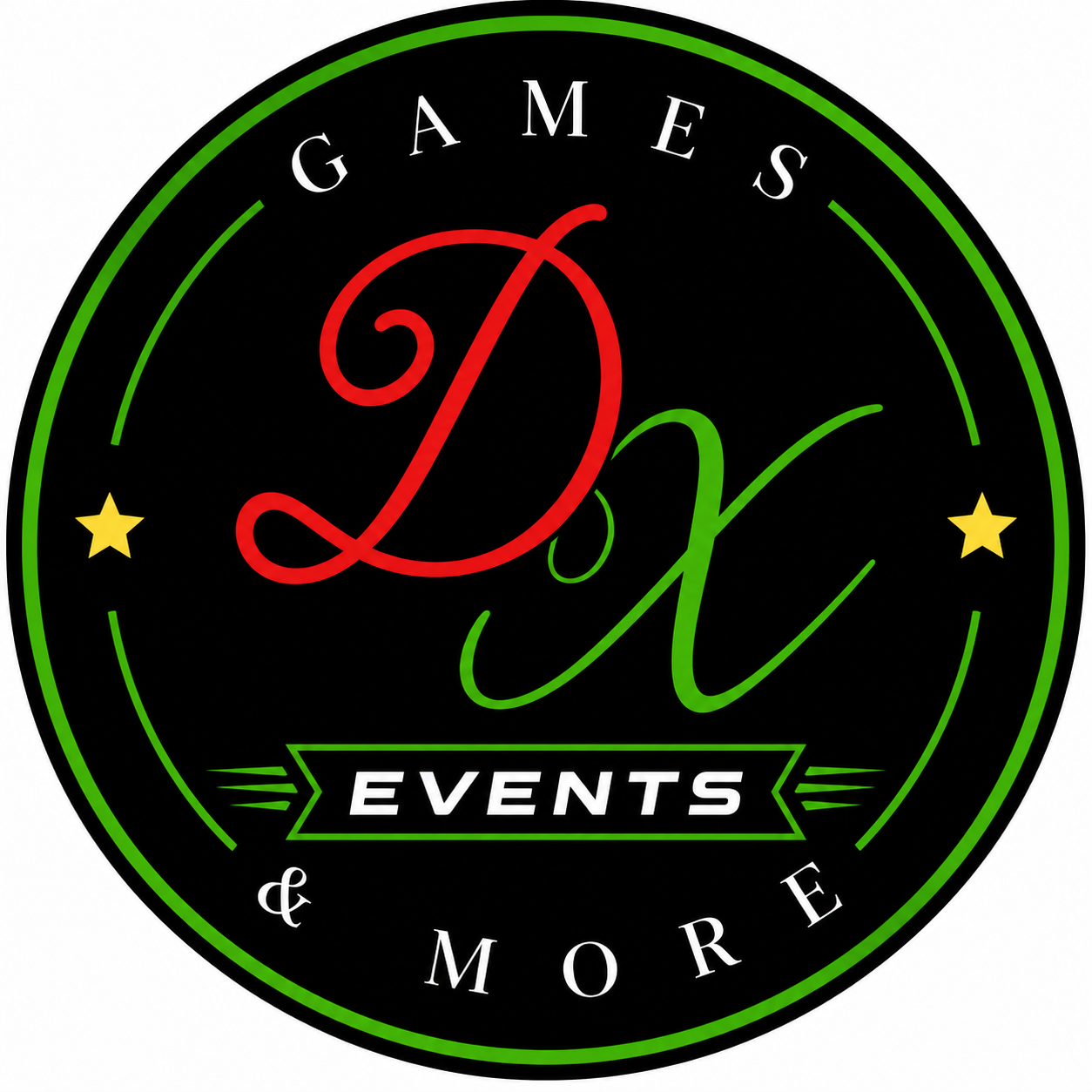 A circular black logo with green border lines, a large stylized red and green 'Dx' in the center, white text reading 'GAMES', 'EVENTS', and '& MORE', and two small yellow stars on the sides.