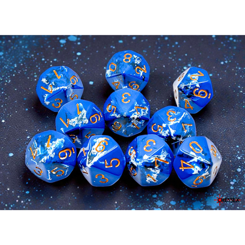 Blue polyhedral dice set on a dark background